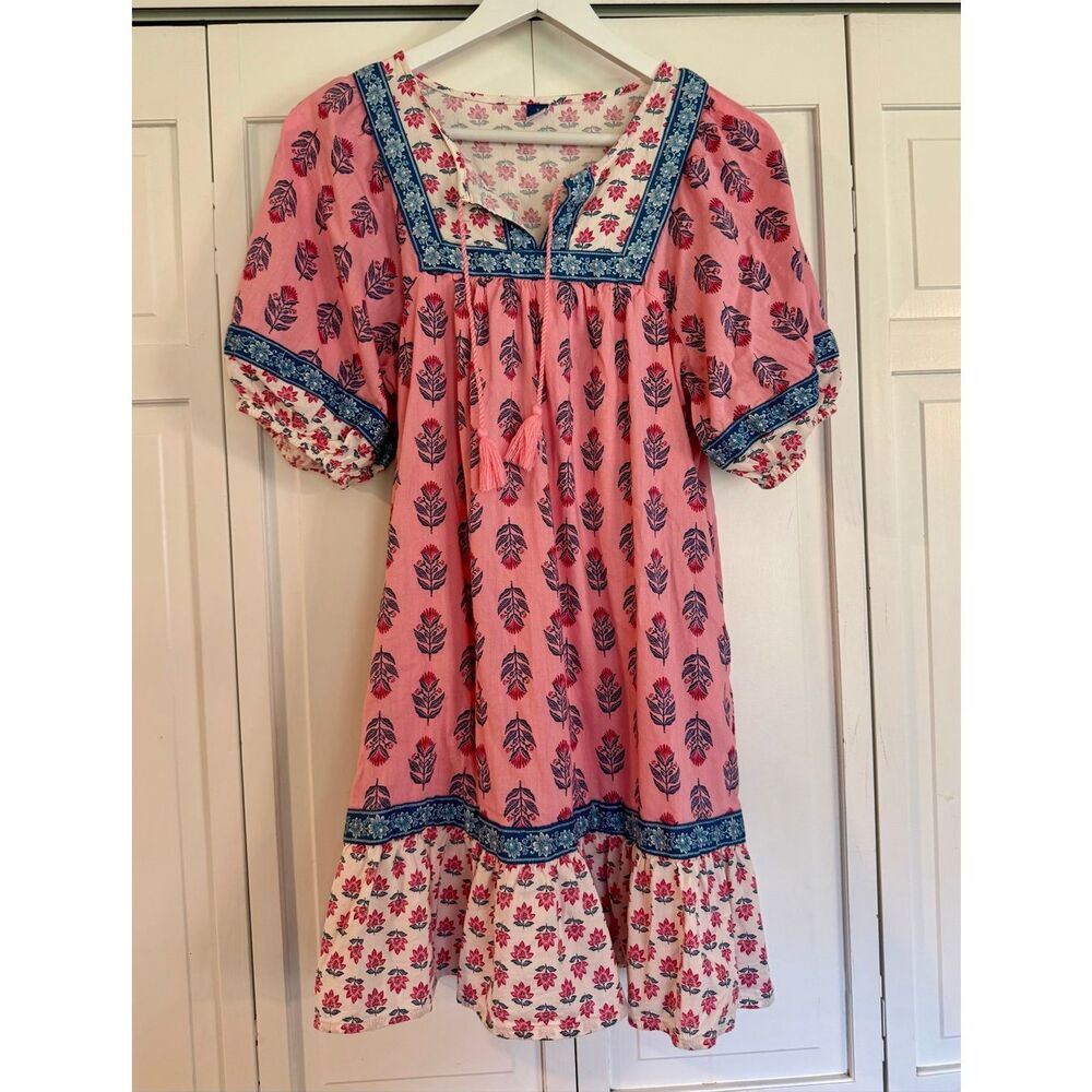 Old Navy pink block printed puff sleeve dress small - Picture 2 of 8